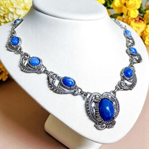 Vintage Selro Selini Faux Blue Lapis Lazuli Chunky Art Nouveau Style Necklace.